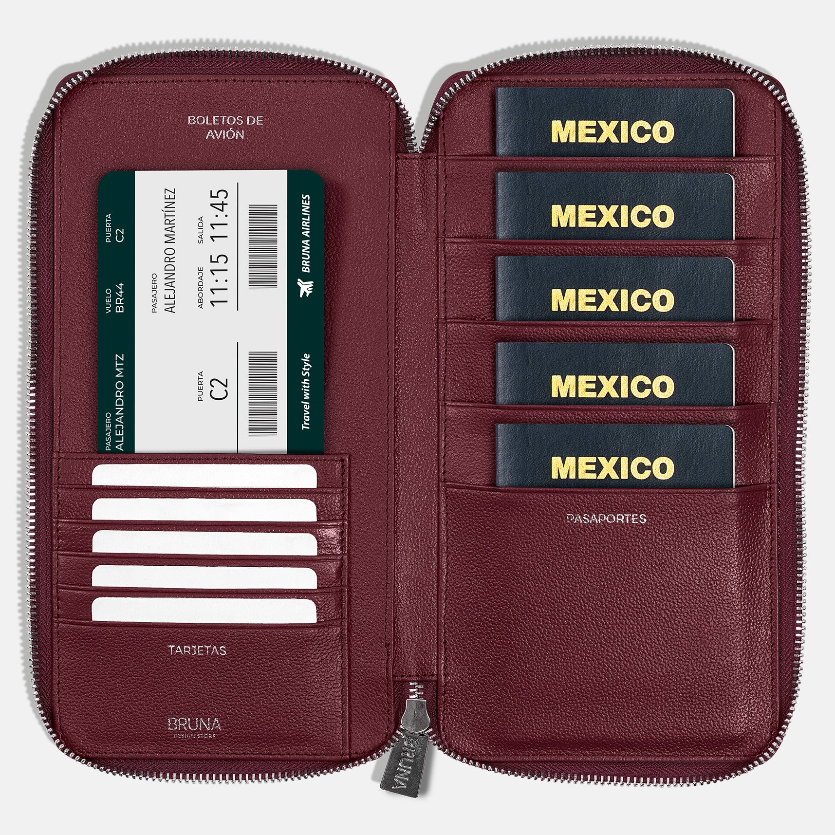 Funda con Cierre para 5 Pasaportes - Burgundy
